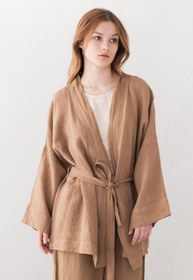 Resim İpekçi Otantik Kuşaklı Oversize Kısa Keten Kimono 