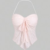 Resim Kadınlar için Y2K Yazlık Halter Boyun Bağcıklı Crop Top - Yarı Şeffaf Fiyonk Detaylı Hafif Esnek Atlet, Makinede Yıkanabilir Düz Renk Plaj ve Günlük Kıyafetler İçin, Tatil Stili, Büzgülü Detaylar, Yumuşak Dokulu, Sıcak Hava Modası, Rahat Kesim, Moda Tutkunları 