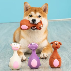Resim Dayanıklı Latex Köpek Oyuncakları - Yavru ve Yetişkin Köpekler için Hayvan Şekilli Squeaky Çiğneme Oyuncaklar, Pil Gerektirmeyen Etkileşimli Oyun, Çok Renkli Seçenekler (Pembe İnek, Beyaz Koyun, Mor Dinozor, Kahverengi Köpek) - Tüm Irklar İçin Güvenli, Etkileşimli Köpek Oyuncağı, Oynak Pet Tasarım 