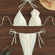 Resim Kadınların Şık Düz Renkli Üç Boyutlu Çiçek Seksi Bikini Seti 