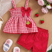 Resim 2'li Kız Çocuk İlkbahar/Yaz Kıyafeti: Çilek Baskılı Gingham Elbise ile Fiyonk & Kırmızı Puantiyeli Şort - Günlük, Makinede Yıkanabilir Set, Bebek Yaz Kıyafeti|Gingham Desenli Elbise|Spandex Konfor, Sevimli Yaz Elbiseleri, Dış Mekanlar İçin Mükemmel 