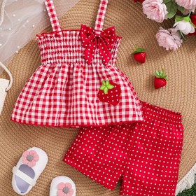 Resim 2'li Kız Çocuk İlkbahar/Yaz Kıyafeti: Çilek Baskılı Gingham Elbise ile Fiyonk & Kırmızı Puantiyeli Şort - Günlük, Makinede Yıkanabilir Set, Bebek Yaz Kıyafeti|Gingham Desenli Elbise|Spandex Konfor, Sevimli Yaz Elbiseleri, Dış Mekanlar İçin Mükemmel 