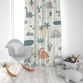 Resim Halı Vagonu HV256 Dinozorlu Desen Çocuk Odası Kadife Kumaş Fon Perde - 140x220 / Tek Kanat 
