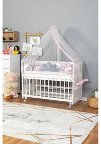 Resim Ahşap Beşik Anne Yanı Beşik Beyaz 60x120 - Pembe Beyaz Örgü Uyku Seti Seti + Yatak + Tekerlekli Beyaz 