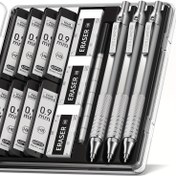 Resim Paslanmaz Çelik Mekanik Kalem Seti - 3 Adet 0.9/0.7/0.5mm Sanat Mekanik Kalemleri, HB 6 Yedek Uç ve 4B Grafit Uç ile Yazma/Eskiz Çizim İçin, Kalem Kutusu Dahil 