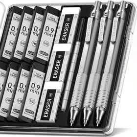 Resim Paslanmaz Çelik Mekanik Kalem Seti - 3 Adet 0.9/0.7/0.5mm Sanat Mekanik Kalemleri, HB 6 Yedek Uç ve 4B Grafit Uç ile Yazma/Eskiz Çizim İçin, Kalem Kutusu Dahil 
