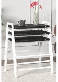 Resim Zigon Sehpa , Aden 3'lü Tepsi Zigon Sehpa Takımı Beyaz Metal - Siyah Mermer Tabla Beyaz-siyah Mermer 