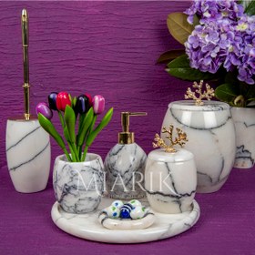 Resim MIARIK DESIGN & DEKORASYON Dekoratif Leylak Mermer Banyo Seti Takımı 7 Li Pirinç Detaylı Tasarım Set 