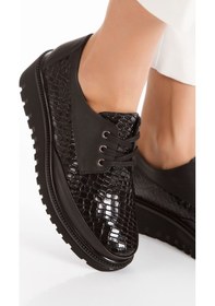 Resim İç Dış Hakiki Deri Ortopedik Taban Bağcıklı Kadın Ayakkabı Siyah 