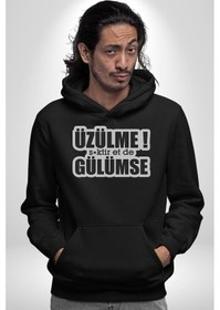 Resim Üzülme Gülümse Yazılı Kadın Erkek Siyah Kapüşonlu Sweatshirt Hoodie Siyah 