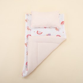 Resim Alt Açma Matı ve Yastık - Çift Taraflı - Bebe Pembe Muslin - Pembe Gökkuşağı 