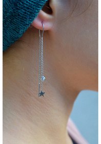 Resim Argentum Concept 925 Ayar Gümüş Yıldızlı ve Taşlı Tasarım Zincir Küpe 