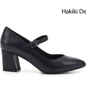 Resim Kadın Lacivert Sivri Burun Topuklu Mary Jane Hakiki Deri Ayakkabı 