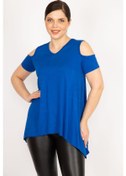 Resim Kadın Saks Büyük Beden Omuz Dekolteli Asimetrik Kesim Viskon Bluz-saks Saks 