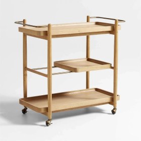 Resim Crate & Barrel Vitae 36" Doğal Masif Karaağaç Ahşap Bar Arabası 