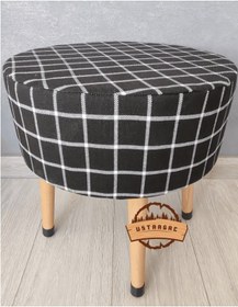 Resim Puf Koltuk Tabure - Siyah Üstü Beyaz Örme Ekose - Ahşap Gürgen Ay 