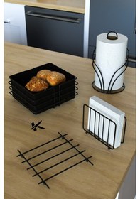 Resim Karteya Lüx 4lü Servis Sunum Seti Ve Ekmek Sepeti Havluluk Peçetelik Nihale Ekmeklik Siyah Paslanmaz Siyah 