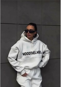 Resim Mood The Label Kışlık Eşofman Takımı - Beyaz Baskılı Kapüşonlu Oversize Şardonlu Beyaz-269539 