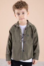 Resim Cansın Mini Haki Bisiklet Yaka Tişörtlü Keten Erkek Çocuk Gömlek 20074 
