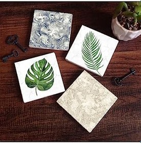 Resim Yaprak, Desen Taş Bardak Altlığı Seti - 4 Parça - Dekoratif, Rustik Mutfak Aksesuarı, 10x10 cm, Kaydırmaz Tabanlı, Şık ve Dayanıklı SC361 