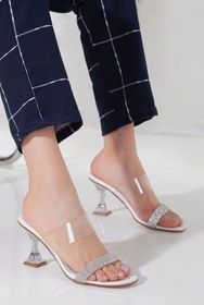 Resim SOFT FASHION Kadın Beyaz Taş Detaylı Şeffaf Şık Terlik - Topuk 7 Cm 