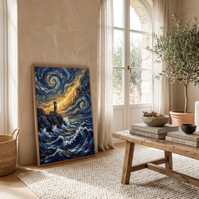 Resim Lighthouse Stormy Sea Print - Van Gogh Starry Night Coastal Wall Art - Wooden Frame - Black / 8,3 x 11,7" (21x30) 