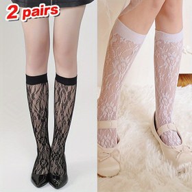 Resim 2 Çift Kadın Diz Üstü Dantelli Çorap Gül Desenli Örgü Kumaş, Naylon ve Spandex Karışımı, Sadece Elde Yıkama, 14+ Gençler İçin Evrensel Uygun, Tüm Mevsim Çiçekli Uzun Çoraplar 