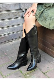 Resim POTEEN Ptc Cool Western Kadın Zımba Desen Kowboy Çizme-siyah 