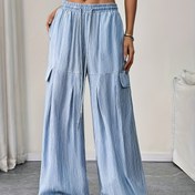 Resim Kadınların Açık Mavi Pileli Geniş Bacaklı Pantolonları - Vintage Yüksek Sokak Stili, Elastik Bel Bandı ile Çekmece, Rahat Günlük Hafta Sonu Giyimi, Tüm Mevsimler İçin Uygun 