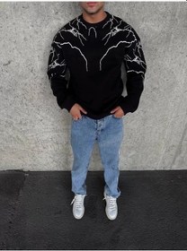 Resim Tarzyeri Erkek Üç İplik Pamuklu Yıldırım Baskılı Bisiklet Yaka Sweatshirt Siyah 
