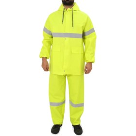 Resim Kkdavm Yüksek Görünümlü Reflektörlü Dikişsiz Fermuarlı Yağmurluk Alt Üst Takım Pvc Su Geçirmez 