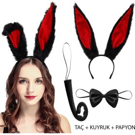 Resim Siyah Kırmızı Renk Peluş Tavşan Kulak Papyon Kuyruk Yetişkin Boy - Lisinya 