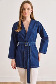 Resim Olalook Kadın Koyu Mavi Kuşaklı Mevsimlik Denim Ceket CKT-19000515 