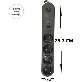 Resim 4lü Siyah Anahtarlı 3 Usb Li Akım Korumalı Topraklı Çocuk Korumalı Grup Priz 2 Metre Diğer 