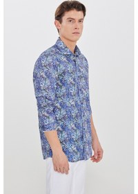 Resim Erkek Lacı-yesıl %100 Pamuk Slim Fit Dar Kesim Büyük İtalyan Yaka Baskılı Gömlek Lacı-yesıl 