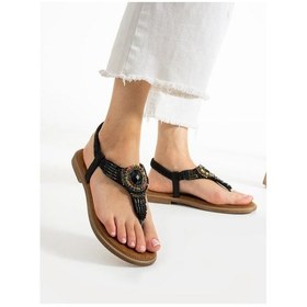 Resim Feles Taş Detaylı Parmak Arası Kadın Sandalet Siyah 