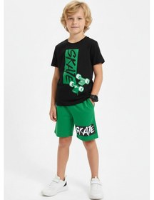 Resim Panios Kids Yuvarlak Yaka Skate Baskı Detaylı Yazlık Erkek Çocuk Alt Üst Takım Yeşil 