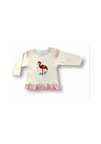 Resim 3-6 6-9 9-12 Ay Flamingo Nakışlı Uzun Kollu Sweatli 2li Kız Bebek Takımı Ekru Ekru 