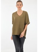 Resim Twomail MK2250008189 V Yaka Düşük Kol Kadın Bluz Haki 