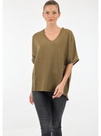 Resim Twomail MK2250008189 V Yaka Düşük Kol Kadın Bluz Haki 