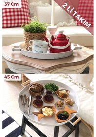 Resim 2'li Ahşap Kulplu 45 Cm Metal Tepsi Ve 37 Cm Beyaz Tepsi Çay Kahve Sunum Tepsisi Beyaz 
