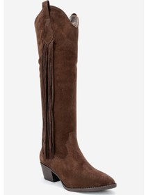 Resim Luvi Shoes Rios Kahverengi Hakiki Deri Süet Püsküllü Kadın Kalın Topuklu Çizme Kahverengi 
