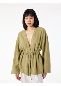 Resim Koton Pamuklu Uzun Kollu Beli Bağlamalı Müslin Kimono Ada Çayı 6sak50035uw Açık Yeşil 