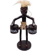 Resim Ahşap Primitif Aborjin İkili Tamtam Davulcu El Yapımı 