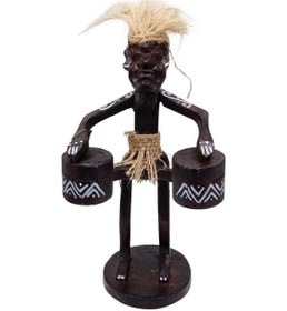 Resim Ahşap Primitif Aborjin İkili Tamtam Davulcu El Yapımı 