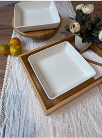 Resim Çukur 19 Cm Kalın Porselen Kare Salata Tabağı 2 Li Krem Krem 