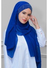 Resim Hürrem Bone Saks Mavisi Pratik Hazır Geçmeli Bone Şal Şifon Kendinden Boneli (553630068) 