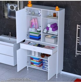 Resim Modilayn Afra 100x173x32,5 Cm 1 Çekmece 3 Kapak 5 Raf 8 Bölme Çok Amaçlı Banyo & Mutfak Dolabı Beyaz 