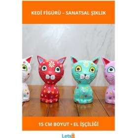 Resim El Yapımı Renkli Ahşap Tekli Kedi Figürü 15 Cm Dekoratif 1 Adet 