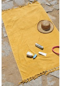 Resim Coastline Hardal Çift Tarafı Bukle 100x180 Cm Boyasız %100 Organik Pamuk Saçaklı Plaj Havlusu Hardal 